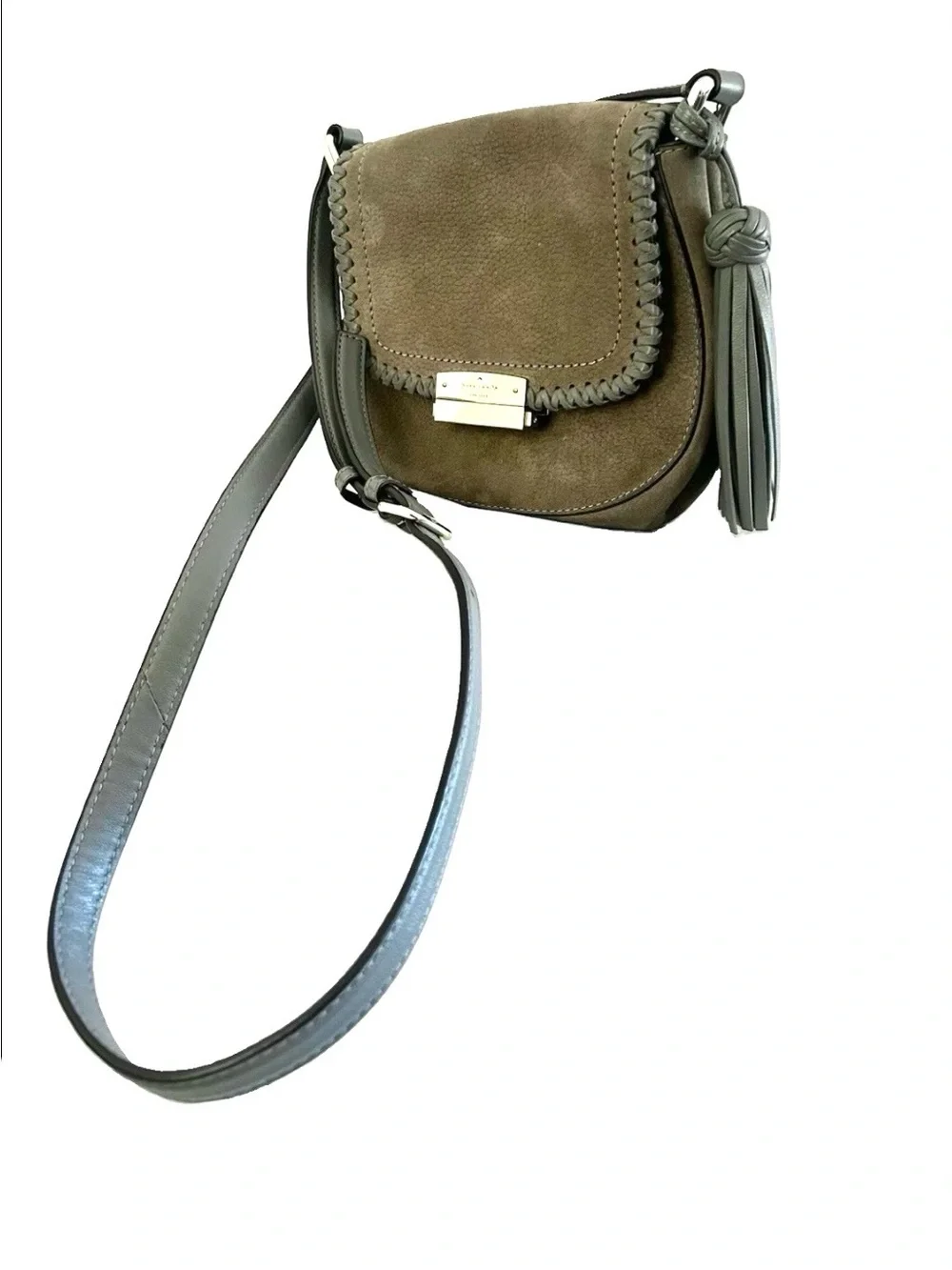 Kate Spade New York Gray Suede Leather Crossbody Saddle Bag Tassel Hardware Gold